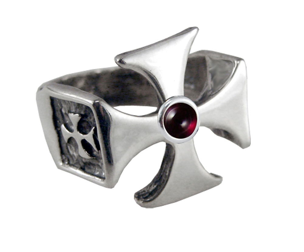 Sterling Silver Iron Cross Ring With Garnet For a Man or Woman Size 6